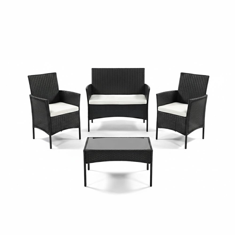 Mediawave Store - Set Divano da Esterno WATAMU 4 Posti in Polyrattan Nero, Salotto da Giardino con Tavolino e Cuscini Sfoderabili, per Terrazzo e Patio Resistente ai Raggi UV