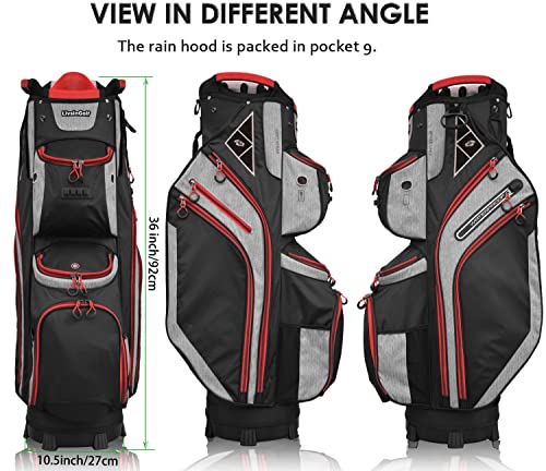 LIVSINGOLF 14 Way Golf Cart Bag for Push Bag Classy Design Full Length with Cooler, Rain Hood, Putter Well (Red)