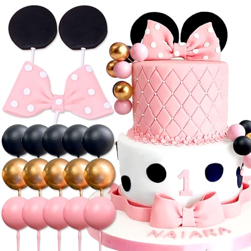Roaring Good Time Enfeite de bolo rato decoração de bolo com orelhas rosa para aniversário de menina e babyshower