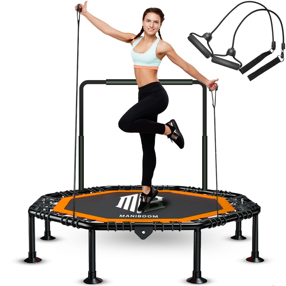ManiBoom Trampolin Fitness Adultos y Niños Ø105cm con 2 Cintas de Resistencia y Agarre Regulable 150kg de Carga - Cama Elastica Jumping Plegable para Interior y Exterior FACIL Montaje