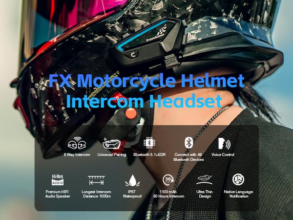 Image of FreedConn FX Motorcycle Bluetooth Headset, Helmet Intercom Communication Systems with CVC Noise Cancellation, IP67 Waterproof, 4 Riders 1200M Range, Music Sharing, 2 Pack (Silver+Black)