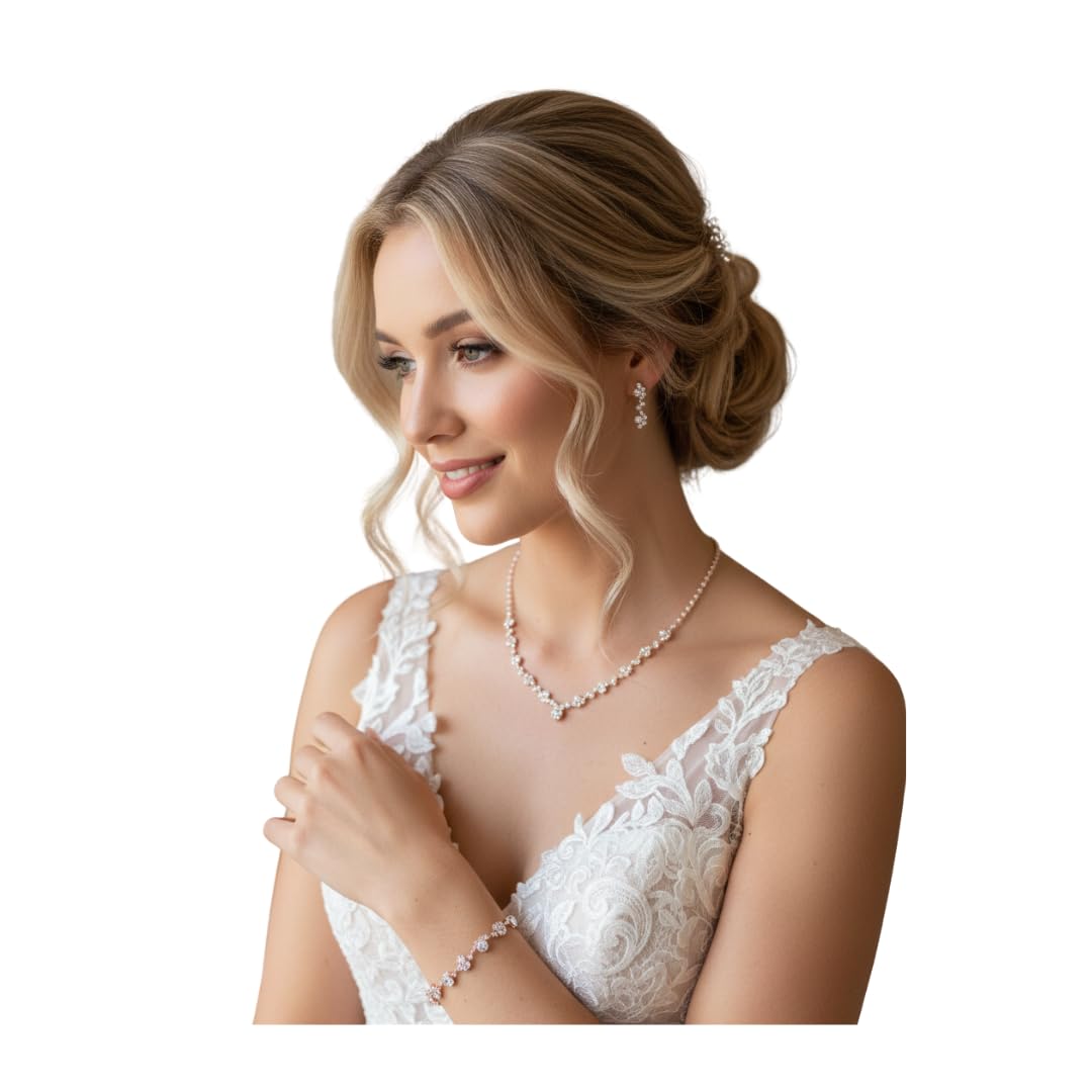 Schmuckset Rosegold – 3-teiliges Strass-Set mit Kette, Ohrringen & Armband – Modeschmuck Set für Damen – festlich & elegant – Geschenkidee