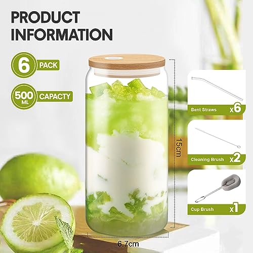 6 pezzi Bicchiere da Birra con Coperchio e Cannuccia,500 ml Tazza da Caffè Ghiacciata,Tazze in Vetro a Forma di Lattina,Riutilizzabile,per Cocktail,Frappè,Succhi,Frullati,Birre - immagine 5