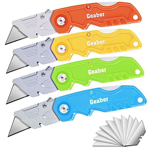 Geaber Box Cutter, 4-Pack Tough Folding Utility Knife for Heavy Duty Purpose, SK5 Razor Sharp Blades, Comfortable Handle, with 10-Piece Blades, Can cut Drywall, Sheet Plastic, Linoleum, Boxes, Rope