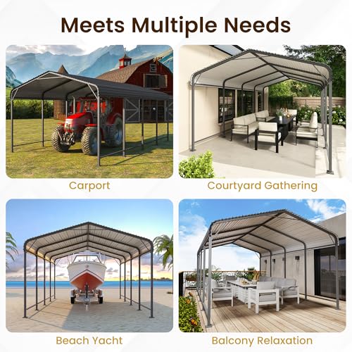 12x20FT Metal Carport, Heavy Duty Carport Canopy with Reinforced Frame and Base for All-Weather, Outdoor Garage Car Port for Pickup Trucks, Boats, Tractors or Party