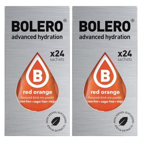 Generico Set Bolero Drink da 48 Bustine 3 grammi Red Orange (arancia rossa) 3 gr Gusti Diversi alla Frutta Preparato Polvere Solubile Bevanda Fresca in Acqua,144 grammi dolcificato stevia,0.14 kg