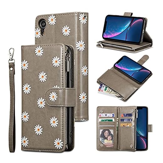 UEEBAI Wallet Case for iPhone XR, Premium Vintage PU Leather Magnetic Closure Handbag Zipper Pocket Cover Kickstand Card Holder Slots with Wrist Strap TPU Shockproof Flip Case - Daisy Grey