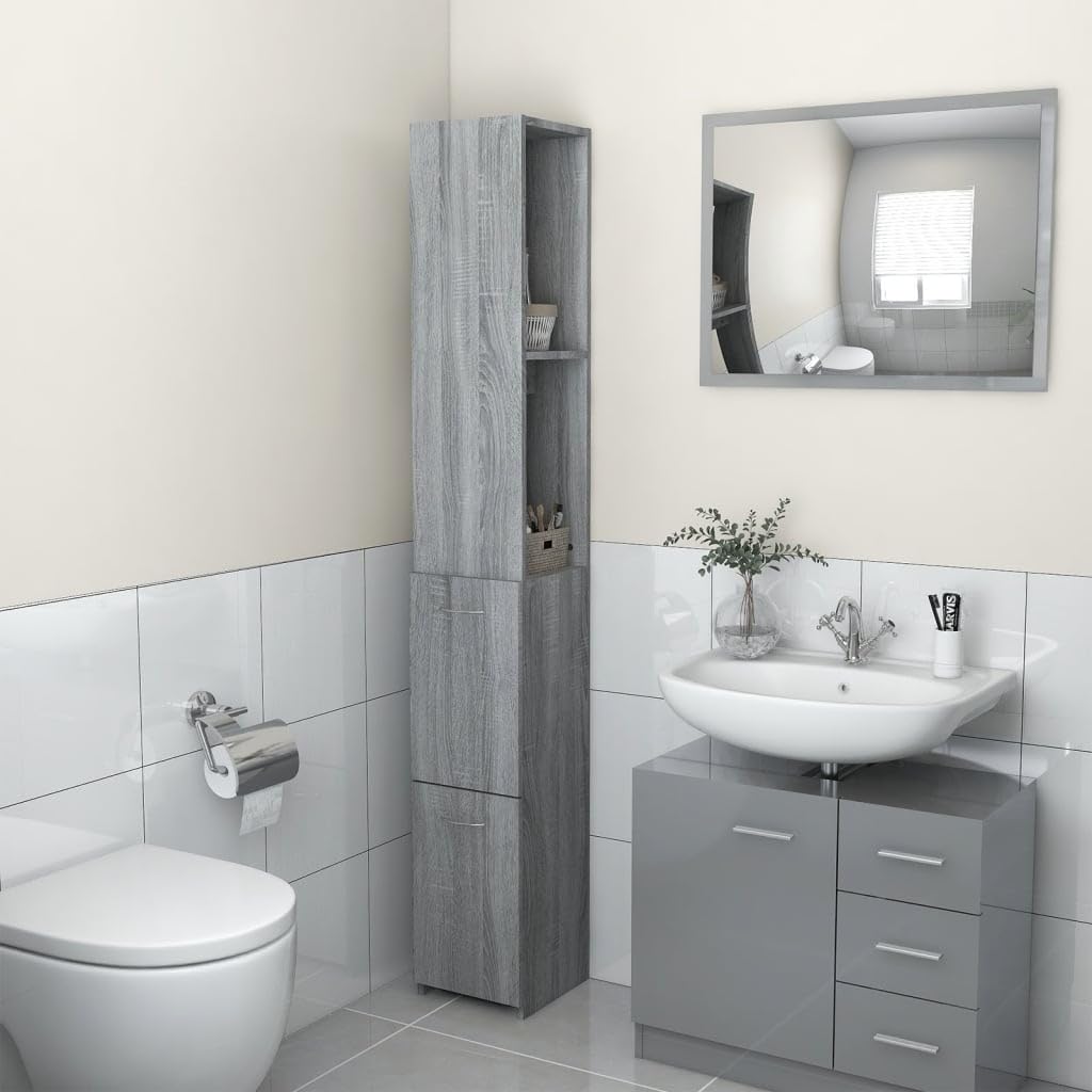 Armario de baño gris Sonoma de madera de ingeniería para optimizar espacios compactos