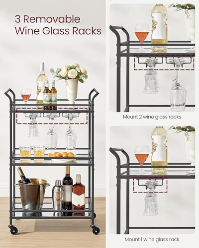 Image of VASAGLE Bar Cart Black, Small Home Bar Serving Cart with 3-Tier Mirrored Shelf, Wine Holders, Glass Holders, for Small Spaces, Kitchen, 15 x 23.6 x 36.2 Inches, Black ULRC100B01