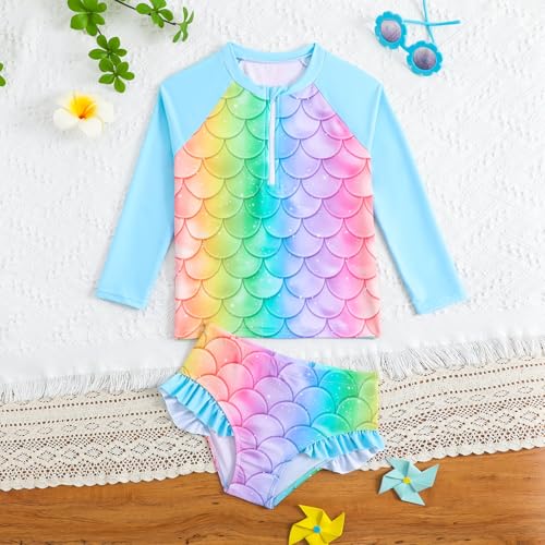Image of HILEELANG Toddler & Little Girls' Long Sleeve Rash Guard Swimwear Set - UV Protection, 2-Piece Design, Fun Prints, 2-9 Years