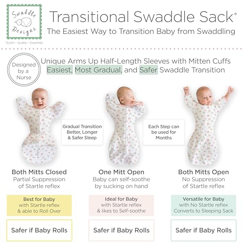 Image of SwaddleDesigns Transitional Swaddle Sack, Arms Up Half-Length Sleeves & Mitten Cuffs, Most Gradual Transition Swaddle for Newborns to Sleep Sack, Small, 0-3 mo, 6-14 lb, Watercolor Mountains & Trees