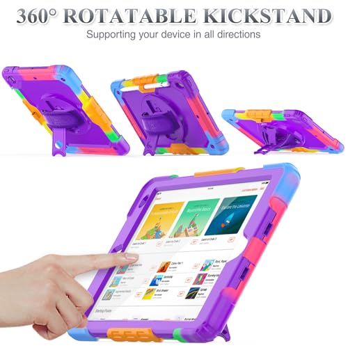 Image of SEYMAC Stock Case for iPad 9th / 8th / 7th Gen 10.2'', Shockproof with Screen Protector & Pencil Holder, 360 Rotating Hand Strap & Stand, Purple+Colorful