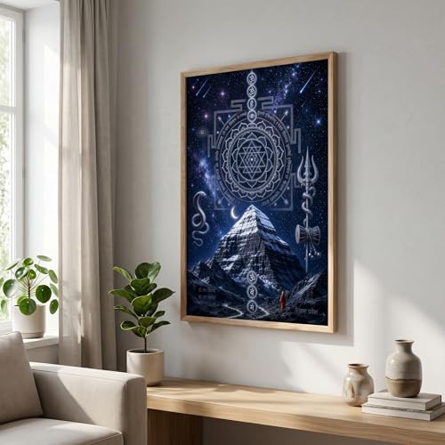 Image of Livin'luxe Kailash Mountain Om Yantra Wall Painting for Living Room Bedroom Pooja Room Decor with Premium Wooden Color Synthetic Frame, Spiritual Hindu Art Gift (18 x 24) NL01-4088