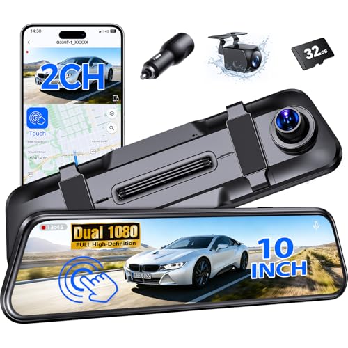 Mirror Dash Cam,Rear View Mirror Camera,10'' Smart Touch Screen,Dash Camera for Cars,G-Sensor,Loop Recording,Car Camera with Free 32GB Card