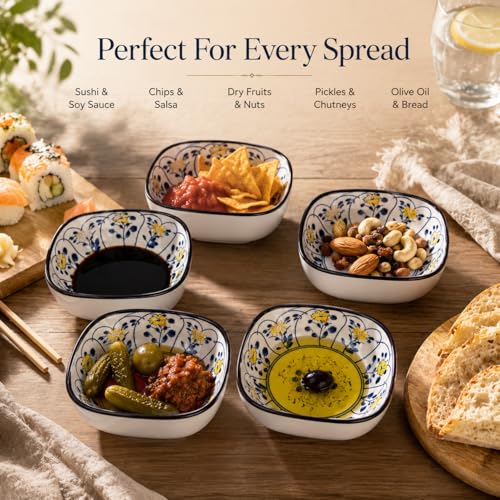 Image of Japanese Ceramic Snack Bowl Set of 6 | 200ml Small Serving Bowls for Dips, Soy Sauce, Chutney & Snacks, Hand-Painted Floral Design, Microwave & Dishwasher Safe (Kyoto Vine)