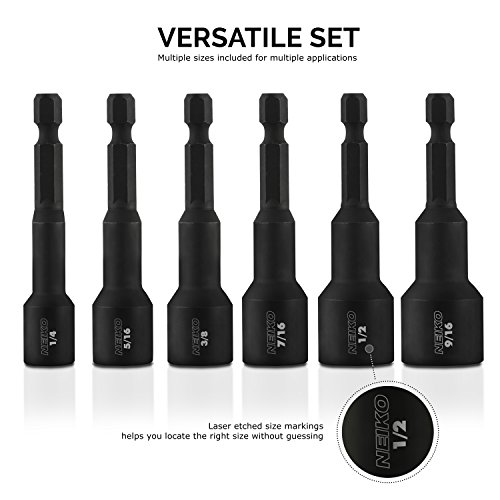Image of NEIKO 10190A Magnetic Nut Driver Set, 6 Piece Impact Nut Driver Set, SAE, 1 /4 inch to 9 /16 inch, 2-9 /16 inch Long Nut Driver Bit Set for Impact Drill, Cr-V