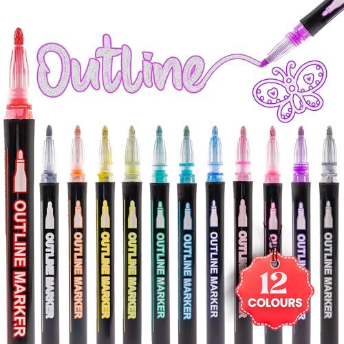 JUSTDOODLE 12 x Metallic Outline Marker Pens Coloured Glitter Pens with Double Line Feature Ideal Gifts for Girls Art Supplies Scrapbook & Stocking Filler for Kids 12 Multicolour Pens