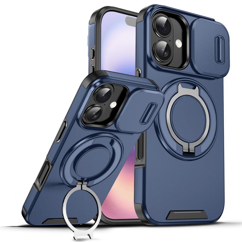 Image of LuxuryKase Shockproof Rugged Case for iPhone 17 | Slide Camera Cover | 360 Rotating Ring Kickstand | Military-Grade Protection - Navy Blue