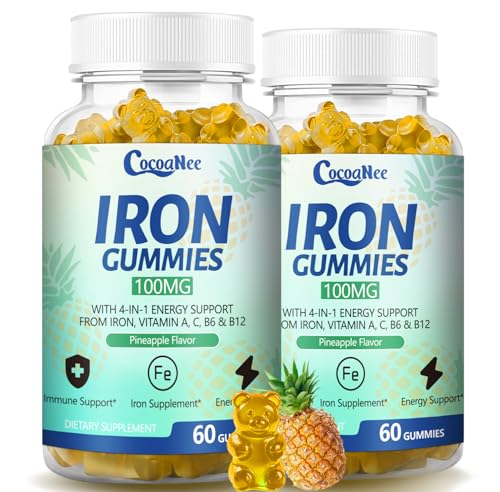 2 Pack 100MG Iron Supplements Iron Gummies for Women & Men - Vitamin C A B12 - Complex Improve Absorption Energy Boost Iron Deficiency for Adults & Kids - Complex Folate Zinc 120Cts