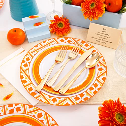 Nervure 175Pcs Orange Plastic Plates - Orange And Gold Plastic Plates - White Orange Gold Disposable Plates Include 50 Plates, 25Cups, 25Knives, 25Forks, 25Spoons, 25 Napkins For Party #TOP2
