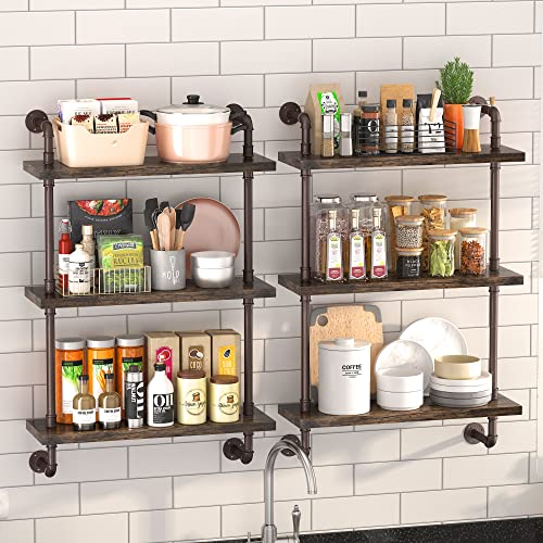 Pusdon Industrial Pipe Shelving Wall Mounted 24 Inch, 3 Tier Bathroom Floating Shelves Bronze Metal, Wood Hanging Storage Bookshelf, Heavy Duty Sturdy Rack For Home Office Garage Farmhouse Bar #TOP4