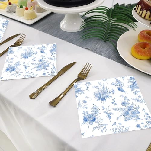 image for HSPAIDYP 50 Pack BlueFloral Cocktail Napkins Blue and White Floral Toi
