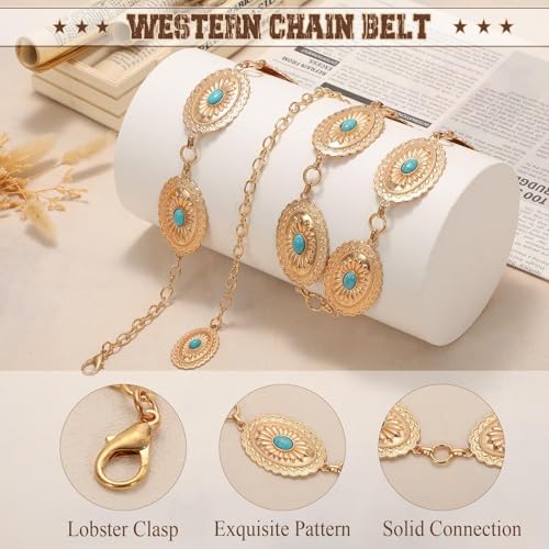 Image of WHIPPY Western Metal Concho Belt for Women Vintage Cowgirl Boho Turquoise Chain Belts for Dresses Jeans