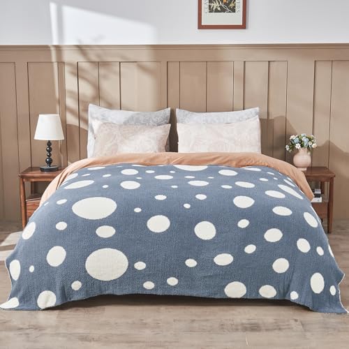 Image of CozeCube Reversible Knitted Throw Blanket,Dusty Blue White Polka Dot60 x80