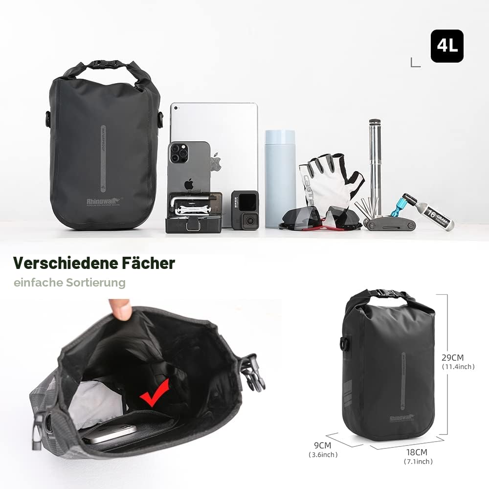 Rhinowalk Fahrrad Gepäckträgertasche Wasserdicht 4/6L Vorne Fahrradtasche für Gepäckträger mit Schultergurt
