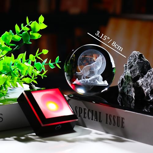 Image of Qianwei Wolf Gifts for Women 3D Crystal Ball Figurines Statue Night Light | Wolves Globe Decor 3.14'' Laser Engraved Glass Animals Stuff For Room Lamp Decorations Wolf Theme Birthday Gifts For Men