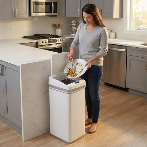 Image of iTouchless 13 Gallon Sensor Kitchen Trash Can with Pet Lock & Odor Filter, Patented 50L Automatic Touchless Garbage Bin with Lid Sleek Rectangular Premium Wastebasket for Farmhouse & Modern Home White