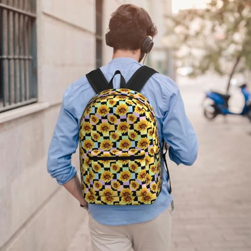Sunflower Rainbow Pastel And Black Checker Fashionable Daypack 17 Inches Zippers Backpack Double Shoulder Bag for Women Men4