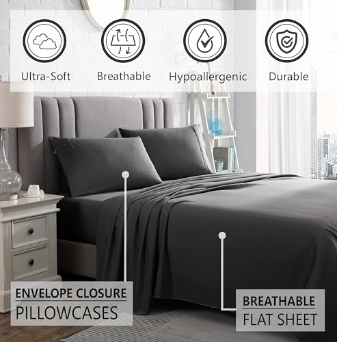 American Home Collection Twin Size Sheet Set - 16-Inch Deep Pocket - Ultra Soft Microfiber Bed Sheets - Breathable, Wrinkle Free, Easy Care - Oeko-Tex Certified (Twin, Dark Gray)