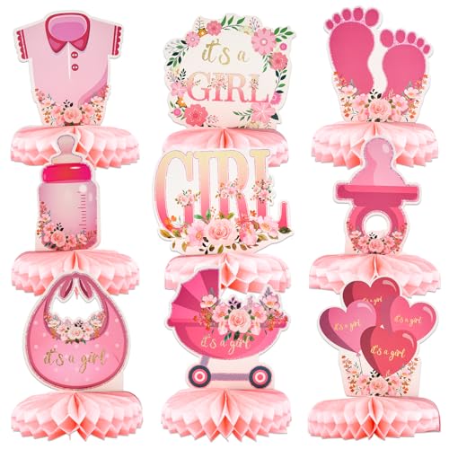9 Pieces Pink Baby Girl Honeycomb Centerpieces Table Decor, It's a Girl Welcome Newborn Pattern Table Topper Ornaments Signs for Gender Reveal Baby Shower Party Decorations Photo Booth Props
