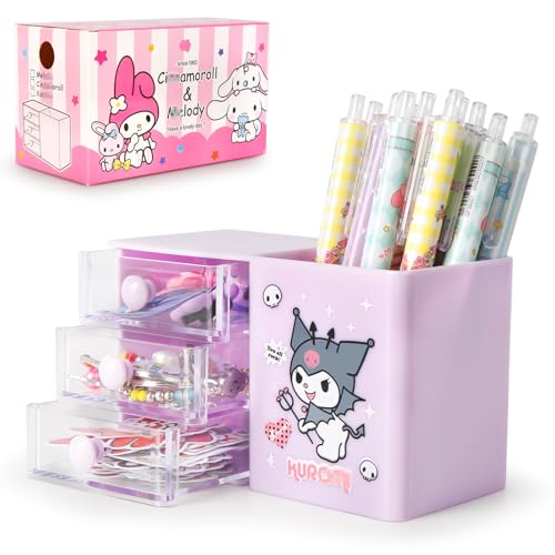 Desktop Organiser Pen Holder- Cute Pencil Stationery Organizer Purpel Pencil Makeup Brush Storage Box Multi-Functional Desk Tidy with 3 Drawers 1 Pen Holder for Kids Teacher Gift Office School Home