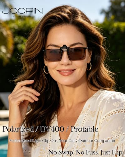 Image of Joopin 2 Pack Rectangle Clip on Flip up Sunglasses Polarized UV Protection | 2 Pcs, TAC lens, Metal Clips, Rubber Bars, Women, Men, rectangular, Frameless, Clamped onto the glasses, Driving, Fishing