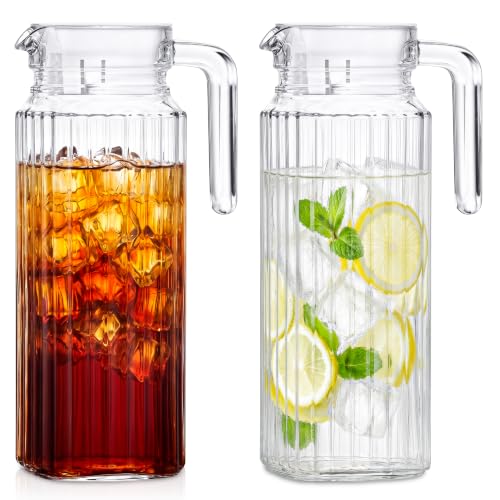 Glass Water Jug for Fridge, LIMILI 2 Pack (1.1 Litre) Water Jugs with Lids with Ribbed Design & Spill-Free Spout, Transparent Pitcher Jug for Hot/Cold Water Ice Tea Coffee Milk & Juice