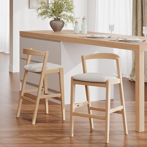 Christopher Knight Home MATA Butaco de Madera Rubberwood Juego de 2, Butaco Tapizado en Tela Beige, Silla de Altura de Mostrador para Isla de Cocina con Reposapiés, Natural + Beige miniatura 4