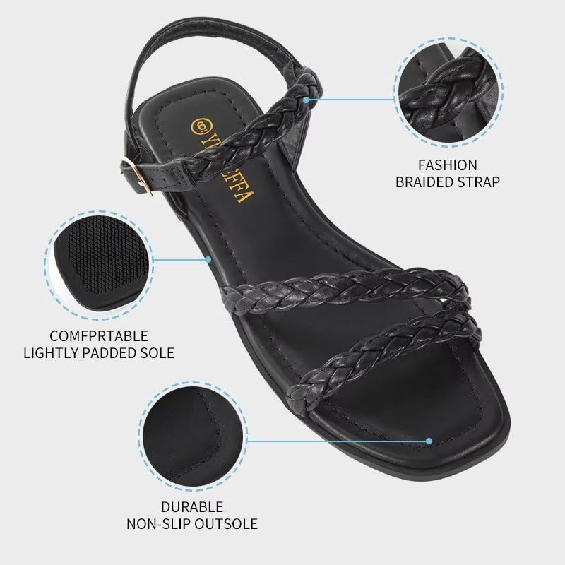 Women's Braided Flat Sandals - Comfortable Cute Square Open Toe Slingback Summer Shoes with Adjustable Ankle Buckle4