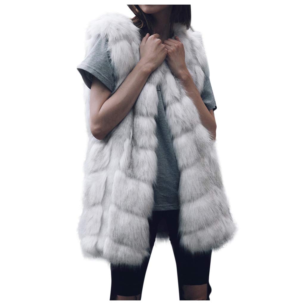 VEZAD Store Women's Faux Fur Gilet Coat Slim Long Waistcoat Jacket Sleeveless Shrug Trench Outerwear