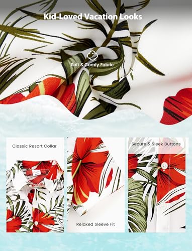 Image of PATPAT Family Hawaiian Shirts - Boy & Girl Matching Tropical Floral Leaf Print Aloha Hawaii Vacation Polo Shirts - Father & Son Shirts - Red Flower for Boys 8-9 Years