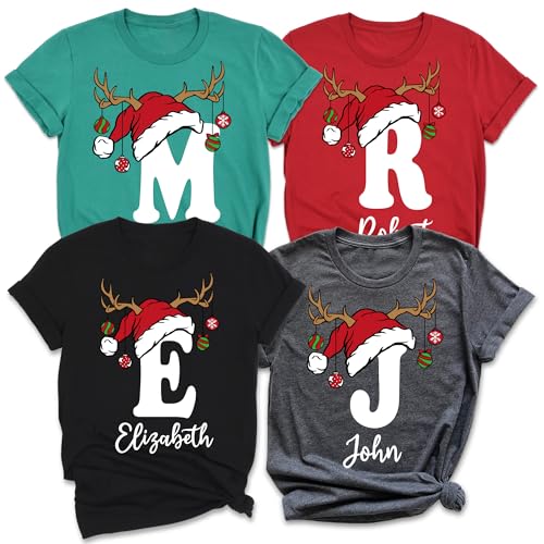 Personalized Christmas Initial T-Shirt, Custom Name Holiday Design with Reindeer Antlers, Multiple Colors Available, Family Matching Shirts