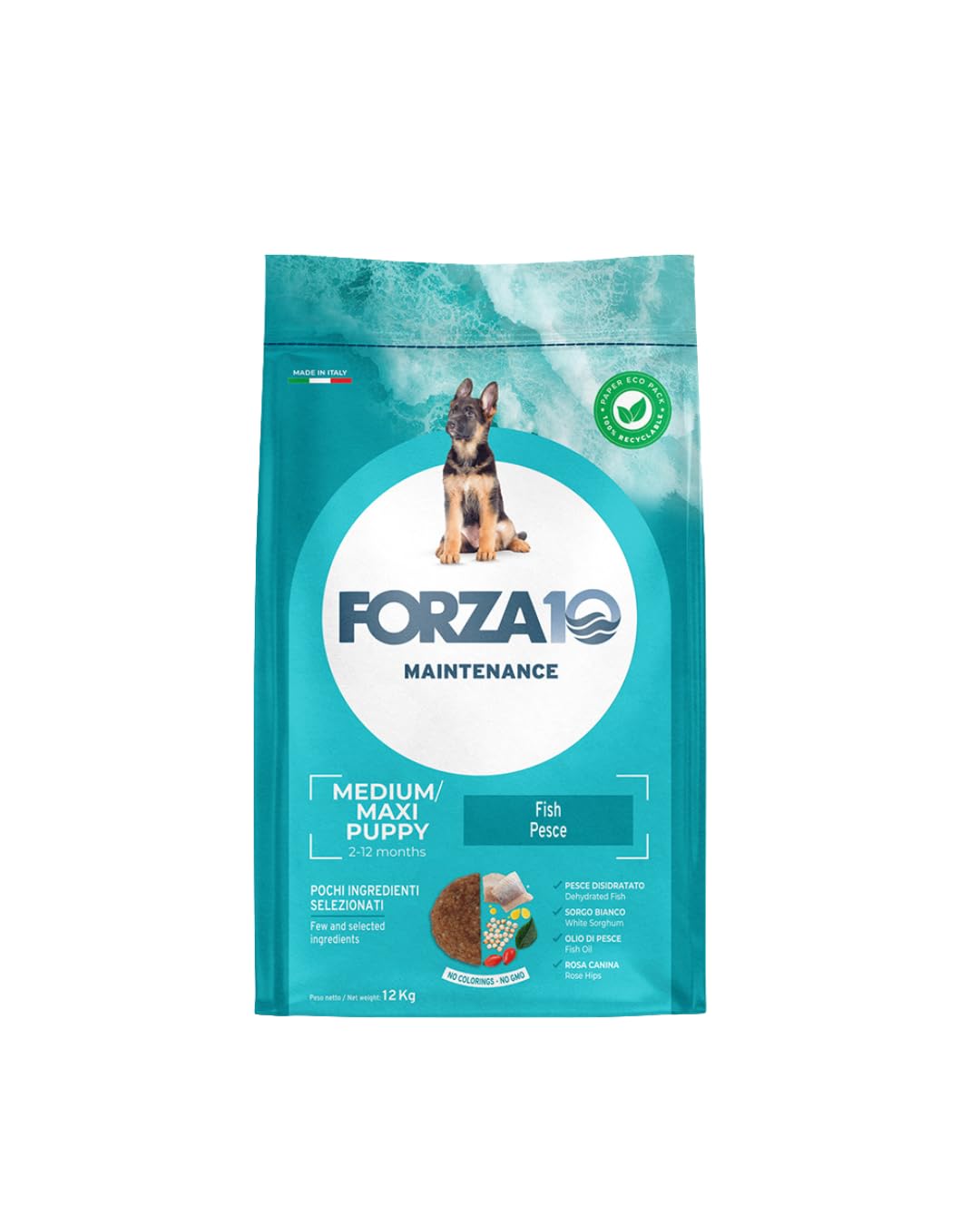 FORZA 10 Cane Medium/Maxi Puppy - Pesce | alimento secco completo per cani cuccioli di taglia medio-grande, senza coloranti aggiunti, Made in Italy, 1 confezione da 12kg.