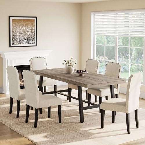 Image of GarveeHome Industrial Dining Table for 6-8 People, 78.7 inch Long Kitchen Table with Sturdy Metal Frame, Rectangular Counter for Dinner, Kitchen, Dining Room (Grey Walnut, 79 inch Non-extendable)