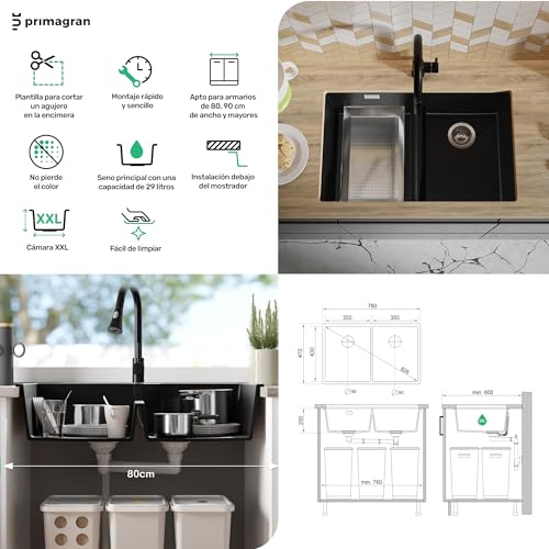 Fregadero de dos senos para optimizar espacio al lavar platos en cocinas con mueble de 80cm 6