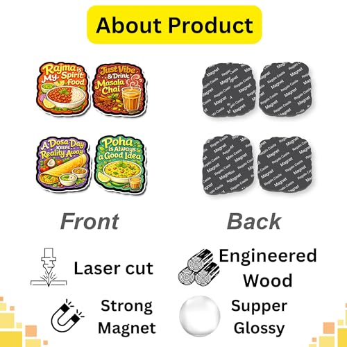 Image of Regalo Casila Indian Food Quotes Fridge Magnet 4 Pc Set Tourism Souvenir Wooden Travel Magnet Rajma Chai Dosa Poha Refrigerator Magnet Decorative Kitchen Decor Gift