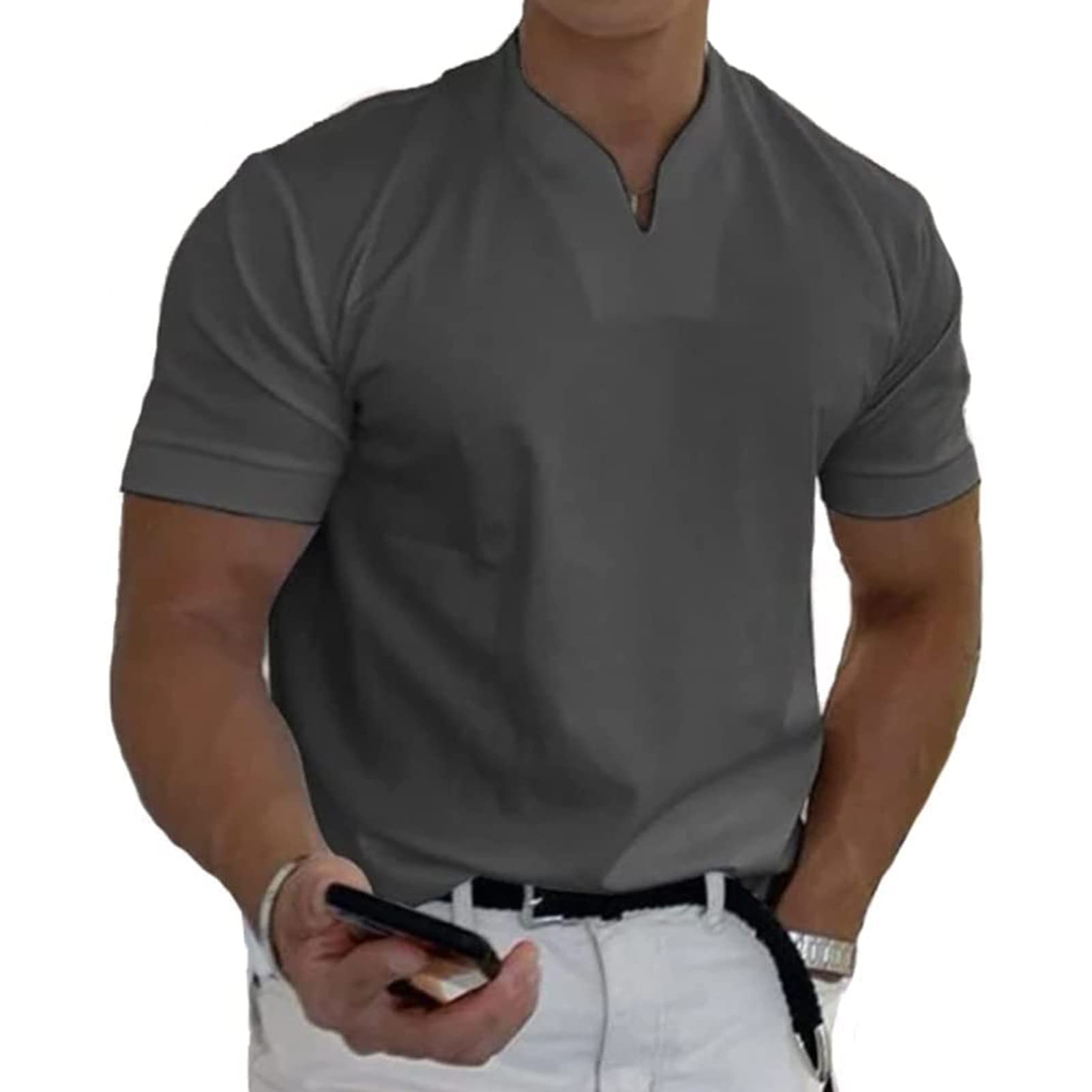 NEOXOL 2022 Men Gentlemans Business Short Sleeve Fitness T Shirt, Mens Business Cotton Casual Shirts V-Neck Slim Fit Shirts (Gray,L)