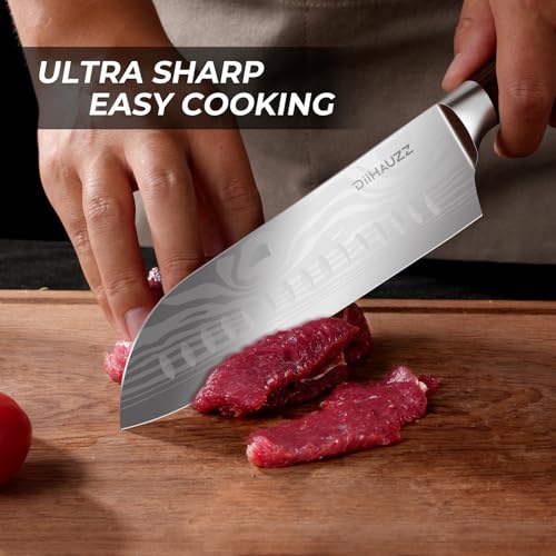 DiiHAUZZ DiiHAUZZ Santokumesser 18cm, Scharfes Hochkohlenstoff-Edelstahl Küchenmesser mit 12° Klinge, Ergonomischer Pakkaholzgriff, Profi Allzweckmesser für Fleisch, Obst und Gemüse - Detailansicht 2 | Küchenmesser