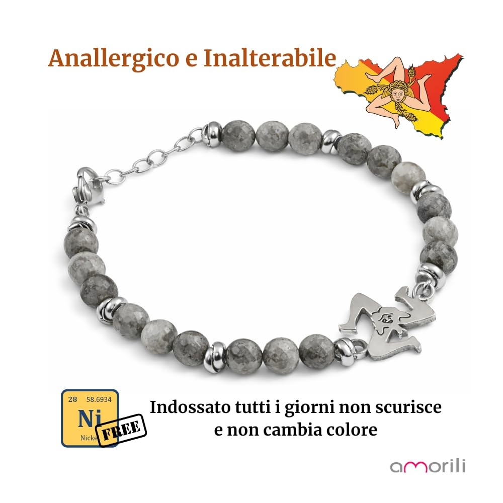 Bracciale Trinacria Uomo Donna in Acciaio Inox con Pietre Dure Vari Colori – Simbolo Sicilia Siciliano – Braccialetto Elegante