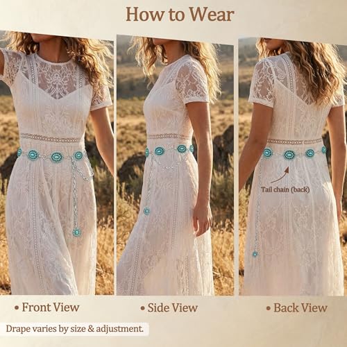 Image of Turquoise Chain Belt for Women, Western Cowgirl Concho Belt | Turquoise Concho Accents with Silver Chains for Western, Cowgirl, Rodeo, Festival and Denim Looks